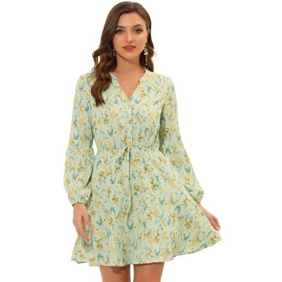 Allegra K Women's Floral Print Button Front Puff Sleeve Tie Waist Shirt Dress