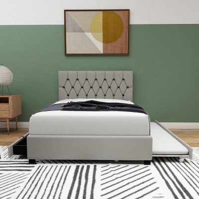 TiramisuBest Modern Velvet Queen Bed with Twin Trundle & 2 Storage Drawers, Upholstered Platform Bed, Blue