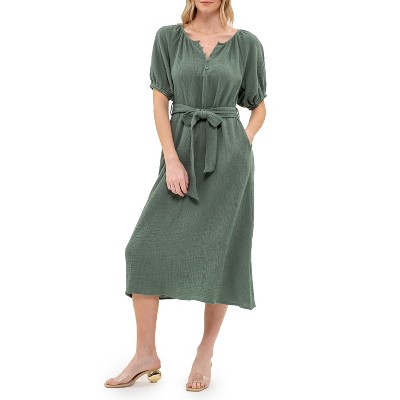 August Sky Women's Front Button Up Self Tie Midi Dress