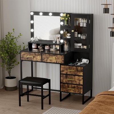 Makeup Vanity with Lights in 3 Colors,Vanity Table with Charging Station of 2 USB Ports & Outlets,Vanity Desk with Large Mirror,Drawers & Shelves
