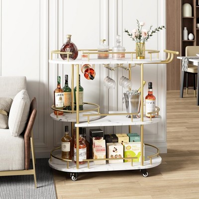 Gold Bar Carts with 4-Tiers Storage Shelves，Mobile Bar Seving Carts On Wheels with Wine Rack and Glass Holder