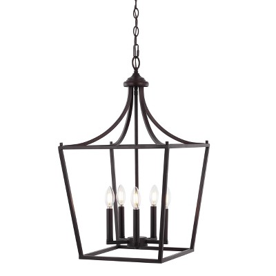 16" LED 5-Light Camden Iron Classic Mid-Century Pendant Lantern Oil Rubbed Bronze - JONATHAN Y: Adjustable Chain, UL Listed