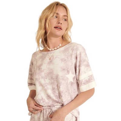 Slickblue Women's Knit Top, Star Tie-Dye Oversized Tee with Varsity Trim, Loose Fit Shirt, Lavender or Blue, S-L
