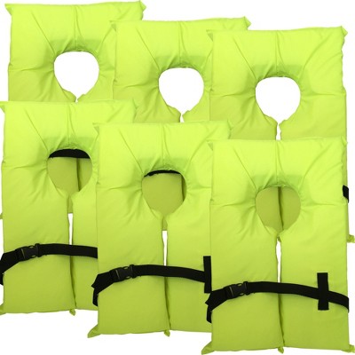 6 Pack Coast Guard approved life jackets for adults. High visibility color Type II keyhole life vest in classic May West style.