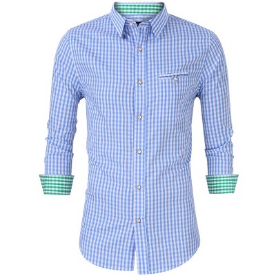 Men's Long-Sleeve Plaid Button Shirt Roll-Up Cuffs Contrast Collar Lightweight Breathable Shirt