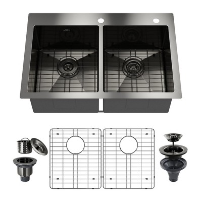 CASAINC 33" Topmount Double Bowl Stainless Steel Kitchen Sink with Bottom Grids and Strainers