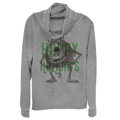Juniors Womens Monsters Inc Happy Holidays Mike Cowl Neck Sweatshirt