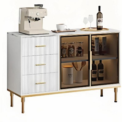 Homhougo Fluted Glass Door Cabinet with 2 Drawers & Adjustable Shelves, Modern Storage Unit for Kitchen or Living Room