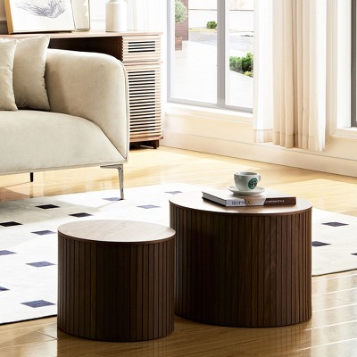 Okak Minimalist Coffee Table Set of 2 Nesting Tables, Round Side Table Fluted for Living Room, Accent Table with Hidden Storage