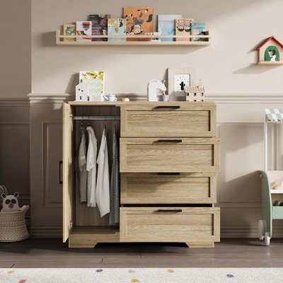 43.3'' Wooden Wardrobe Cabinet w/ Door, 4 Drawers & Hanging Rod - Dresser for Bedroom, Laundry, Cloakroom