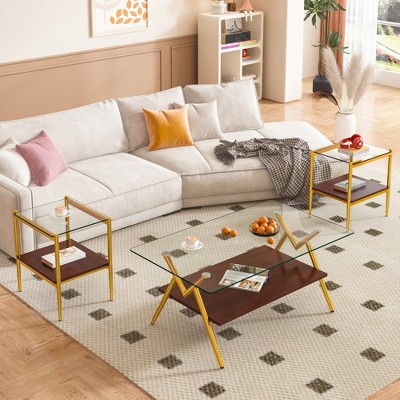 MAYEERTY Coffee Table and End tables Set of 3, Tempered Glass Table with MDF layer, Modern Tables for Living Room , Transparent Glass