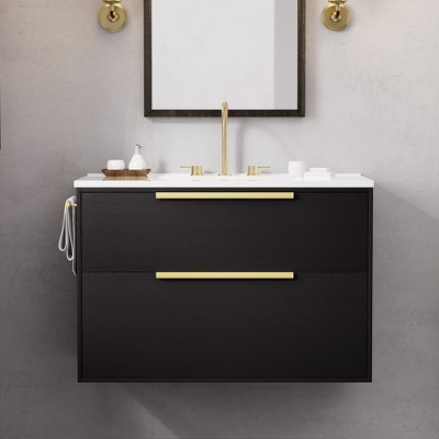 Hyleory 36 inch Wall Mounted Bathroom Vanity with Resin Sink Two Large Storage Drawers and Side Towel Rack