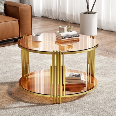 Glass Coffee Table Round Center Table Cocktail Table Accent Table Sofa Table with Gold Metal Drum Frame, Transparent/Black/Brown-ModernLuxe