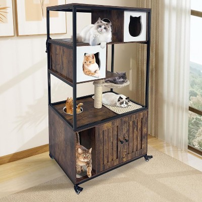 Cat Litter Box Enclosure, Hidden Litter Box Furniture - with Metal Frame, Barn Door, Wooden Cat Washroom, Fits Most Litter Boxes