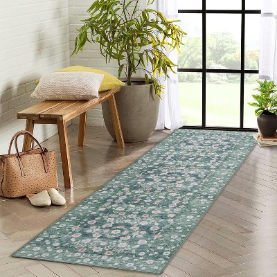 Washable Floral Rugs Soft Thin Flower Carpet Non Slip Low Pile Modern Printed Area Rug for Kids Room Living Room Bedroom