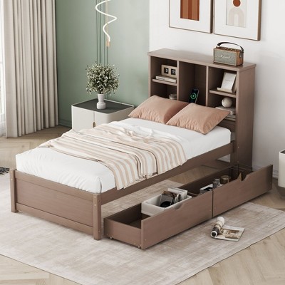NicBex Wood Twin Size Platform Bed Frame with 2 Drawers,Bookcase Headboard with Built-in USB Port,No Box Spring Needed,Easy Assembly,Walnut/White/Gray