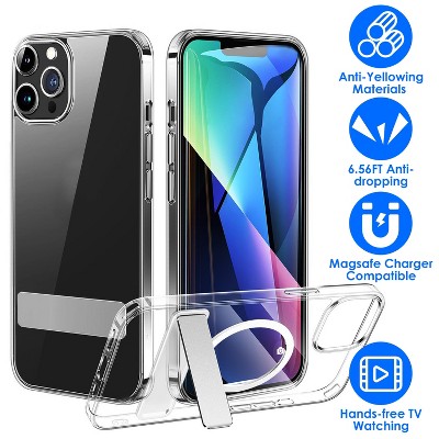 iMountek"Magnetic Metal Kickstand Clear Case for iPhone 14 Pro Max, Shockproof, Anti-Yellowing, Magsafe Compatible"Transparent