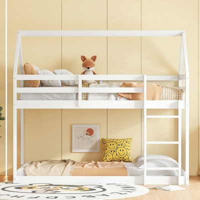 Kumasinova Twin Over Twin House-Shaped Floor Bunk Bed,Rubber Wood Bunk Bed Frame with Ladder,Guardrail for Kids,School,Dorm Rooms,Bedroom