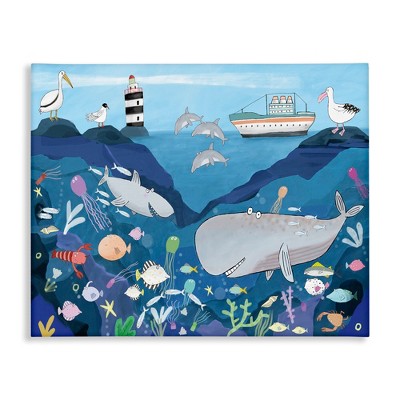 Stupell Industries Underwater Wildlife Kid's Illustration Shark Whale Boat Canvas Wall Art
