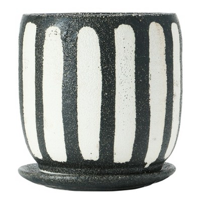 Storied Home Hand-Painted Terra-cotta Planter with Saucer, Black & White (Holds 6" Pot)