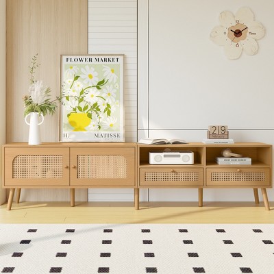 LOVSON Modern Bohemian-style TV stand, entertainment centre suitable for 85-inch TVs, with solid wood legs, suitable for living rooms