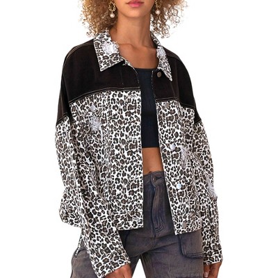 Anna-Kaci Women's Leopard Print Long Sleeve Crop Denim Jacket for Casual Looks