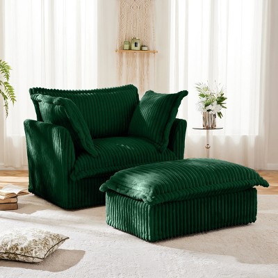 Slipcovered Armchairs, Armchair Sets with Large Soft Pillows and Ottoman, Corduroy Fabric Accent Chair Set for Living Room-Cuddlewood