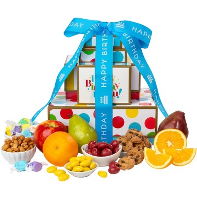 GreatFoods Happy Birthday Fresh Fruit Tower with Peanuts, Cookies, Chocolate Cherries & More