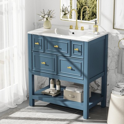 Wooakway 30"L Blue Freestanding Bathroom Vanity with Ceramic Sink 5 Drawers Solid Wood Frame