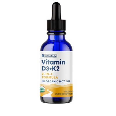 NativePath Vitamin D3+K2 - 1000IU with Organic MCT Oil, 1 Fl Oz, 30 Servings