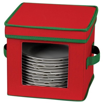 Household Essentials Dessert Plate Chest Red: Canvas Storage Bin with Lid, Portable & Stackable, 9"x9"x8"