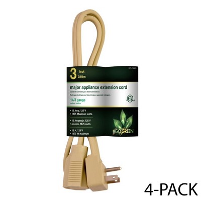 GoGreen Power (GG-25603) 14/3 3' SPT A/C Extension Cord - Beige, 4-Pack