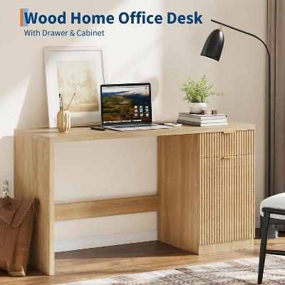 60" Executive Desk with Storage, Drawer & Cabinet, Modern Computer Desk for Home Office, Writing or Conference Table, Natural Oak
