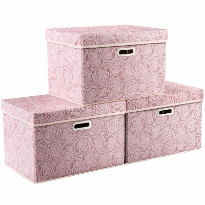 Aoibox Larger Collapsible Storage Boxes with Lids Fabric Decorative Bins Organizer Containers Handles Divider Pink 3 Pack