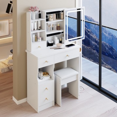 Vanity Table with 2 AC+2 USB Power Station, Hair Dryer Bracket and Brightness Adjust Touch Control Sliding LED Mirror