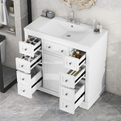 TIRAMISUBEST 36" Bathroom Vanity with Ceramic Sink Combo, Freestanding Bathroom Vanity Cabinet with 6 Drawers and Adjustable Shelf