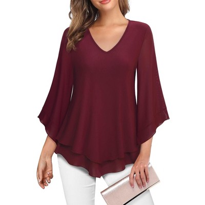 Coolmee Womens Dressy Blouse V Neck Double Layers Elastic Mesh Casual Flowy Work Shirts Ruffle 3/4 Flared Sleeve Tunic Tops