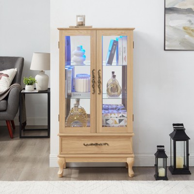 FONTOI Corner Curio Cabinet with Adjustable Shelves, Display Storage with 2 Doors,1 Drawer for Living Room, Oak, 11.81"*51.58"*25.98"