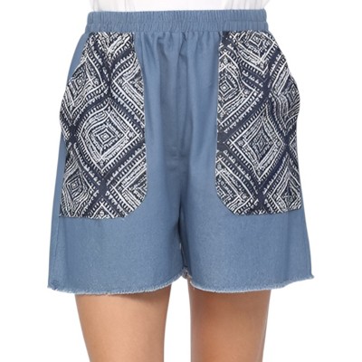 Slickblue Denim Elastic Waist Shorts with Raw Hem - Women's Printed Pocket Style, Blue, Size S-L