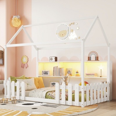 CAVINAS Twin Size Wood Montessori Bed with LED Light and Storage Bookshelf,House Floor Bed Frame with Guardrails,Toddler Bed for Bedroom