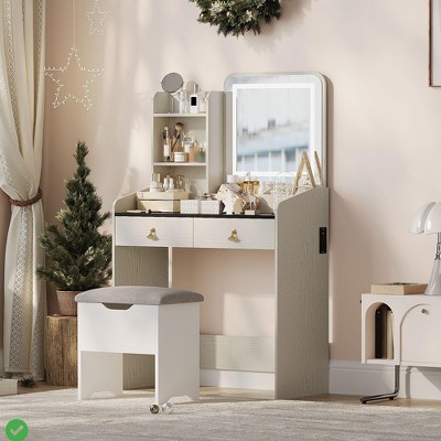 Makeup Vanity Desk w/Mirror, Lights & Charging Station - Modern Vanity Set w/ Storage Stool