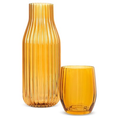 Elle Decor Ribbed Bedside Water Carafe with Tumbler Set, Ribbed Glass Pitcher and Matching Drinking Glass Doubles as Lid, 39-Ounce