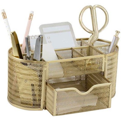 Blu Monaco Small Metal Mesh Desk Organizer with Drawer - Available in Aqua, Gold, and Pink