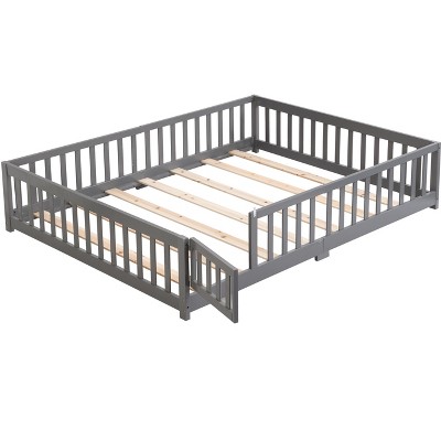 DOMETOUR Full Size Floor Bed with Door,Solid Wood Platform Bed Frame with Fence,Suitable for children,Pine Wood,Gray