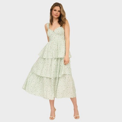 August Sky Women's Sleeveless Sweetheart Neckline Tiered Floral Midi Dress