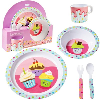 Bentology 5 Piece Cupcake Mealtime Feeding Set for Kids and Toddlers - Plate, Bowl, Cup, Fork and Spoon Utensil- Durable, Dishwasher Safe, BPA Free