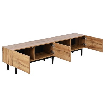 MYINDA Modern TV Stand with 4 Cabinets& Open Shelves, Color-matching Media Console Table for TVs up to 80'' with LED Light