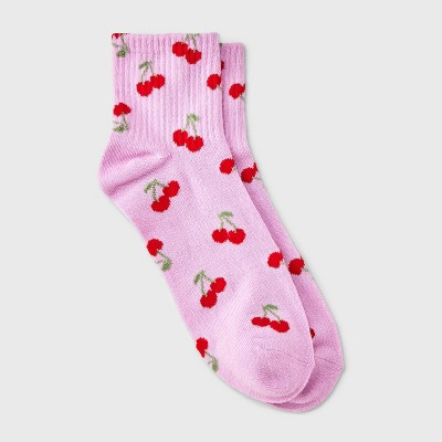 Women's Cherries Ribbed Ankle Socks - Pink/Red 4-10: Lightweight, Banded Cuff, Recycled Polyester