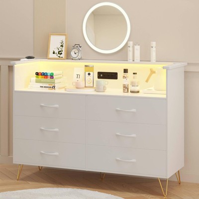 White 6-Drawer Modern Double Dresser with Charging Station & LED Light: Wide Wood Drawers, Black Chest of Drawers & TV Stand for Bedroom & Living Room