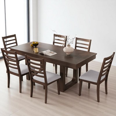 7-Piece Extendable Dining Table Set with Removable Leaf, 60ââ‚?8" Wooden Table and 6 Upholstered Chairs, Expandable Kitchen Dining Room Furniture